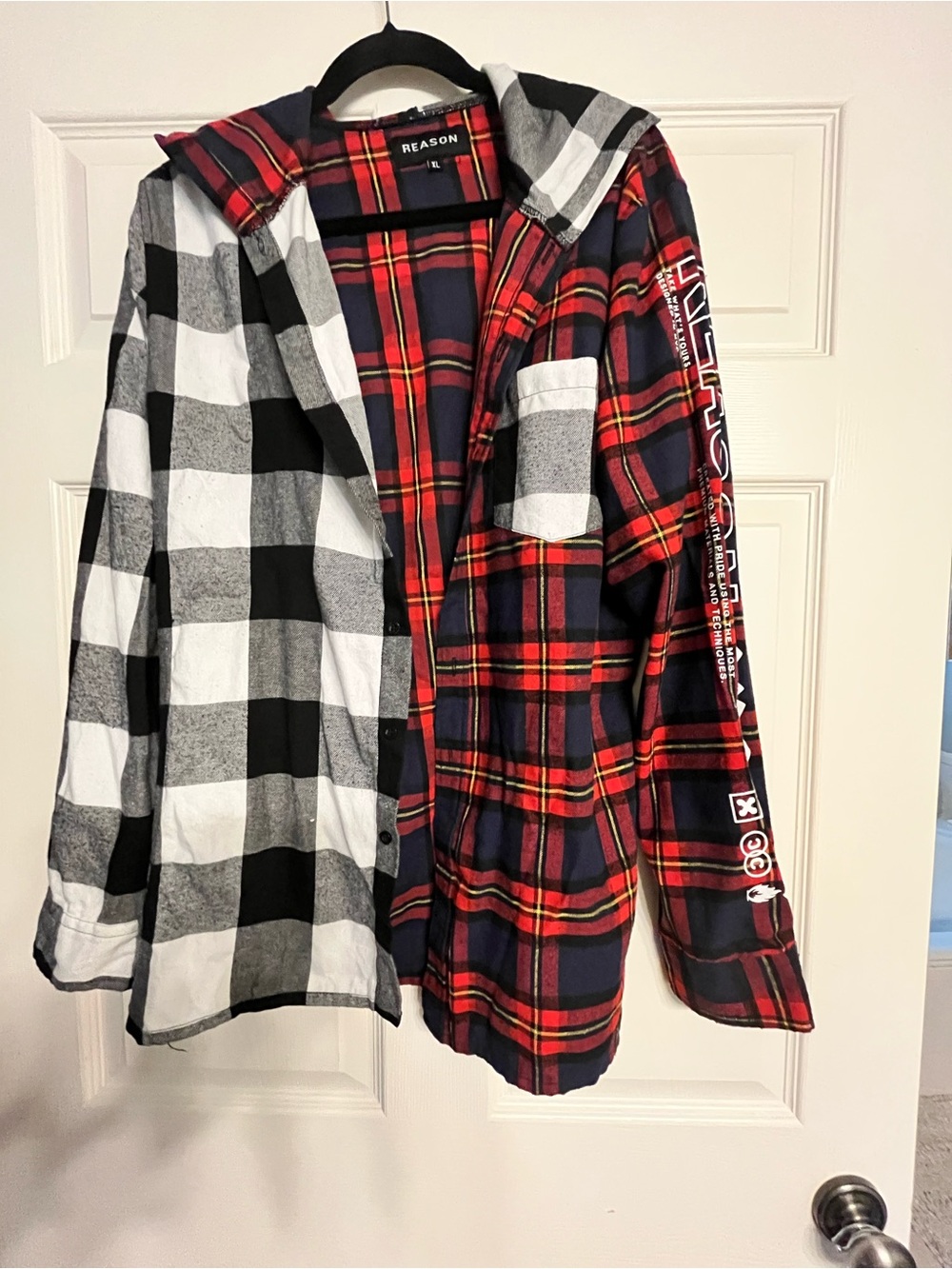 Reason Men's Dual Plaid Button-Down Shirt Jacket - Red, Black, White